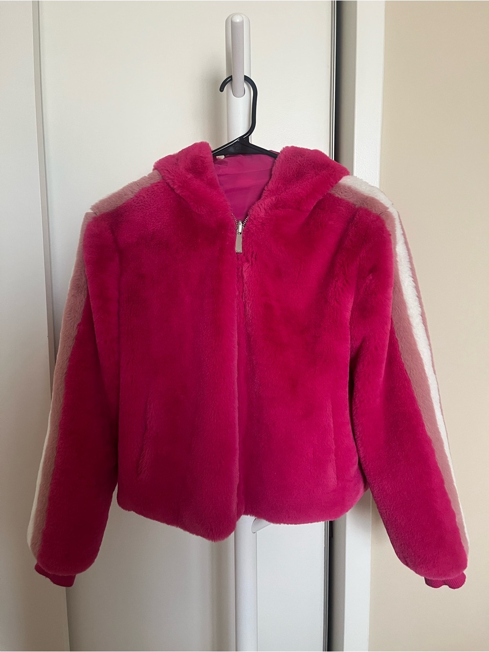 Pinko Hot Pink Faux Fur Hooded Puffer with Light Pink Stripes